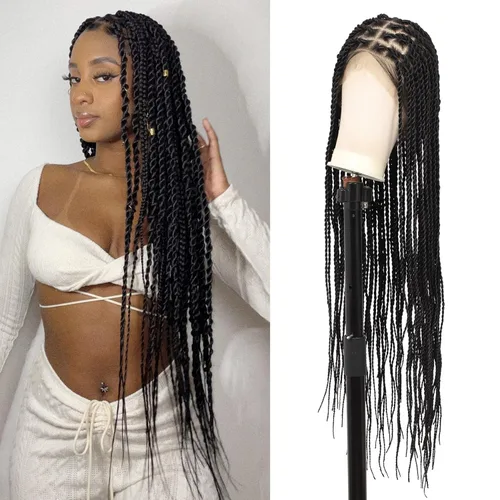 Miniatura 14 de Pelucas trenzadas de imitación sin nudos para mujer, peluca trenzada de encaje frontal, peluca trenzada con cabello de bebé, pelucas trenzadas