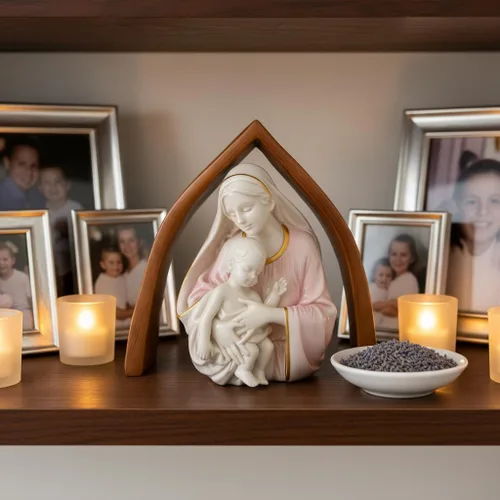 Miniatura 4 de Comfy Hour Figura de Virgen y el Niño de 10 pulgadas, estatua de niño de la Virgen María y Cristo con fondo de arco de aspecto de madera, acento