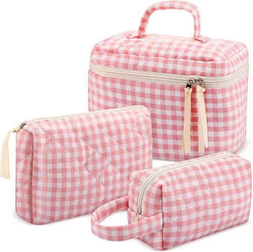 Miniatura 12 de Paterr Juego de 3 bolsas de maquillaje acolchadas grandes de algodón para mujer, bolsa organizadora de artículos de tocador de viaje para Azul