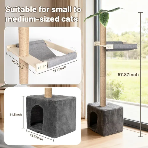 Miniatura 3 de XiaZ Percha para ventana para gatos con poste rascador alto, hamaca de ventana para gatos de 58 pulgadas con condominio para gatos, poste rascador