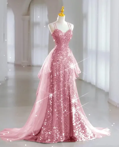 Miniatura 7 de Vestidos de novia de lentejuelas 2024, vestido largo de baile para mujer, vestido de graduación de tul brillante, vestido de fiesta con abertura