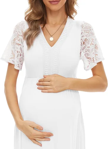 Miniatura 5 de Vestido de maternidad con cuello de encaje en Y, manga corta, vestido largo de maternidad para baby shower, sesión de fotos de maternidad, Rosado