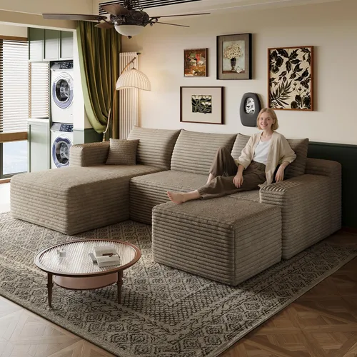 Miniatura 31 de Sofá modular en forma de L de 96 pulgadas con diván, moderno y cómodo sofá de pana para sala de estar, sofá de espuma viscoelástica, no requiere