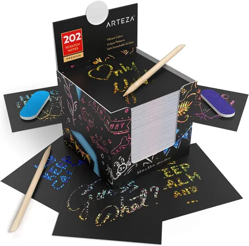 Miniatura 4 de ARTEZA Juego de papel para rascar, 404 notas para rascar, 3.5 x 3.5 pulgadas, 200 temas de arco iris, 200 holográficos