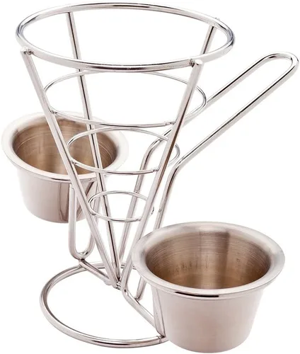 Miniatura 4 de Restaurantware Soporte para papas fritas de 4 x 5 pulgadas, 1 soporte para freír – con 2 soportes para salsas, soporte de cono de acero inoxidable