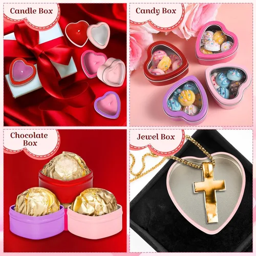 Miniatura 6 de Nuanchu 24 moldes de velas vacías para el día de San Valentín, latas de metal en forma de corazón rojo de 2 onzas con tapas de ventana