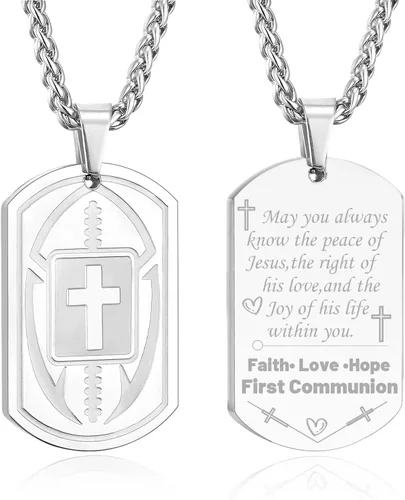 Miniatura 14 de Collar de cruz de versículo bíblico de fútbol para hombres, regalo religioso de acero inoxidable, joyería deportiva de fútbol, regalos de Pascua