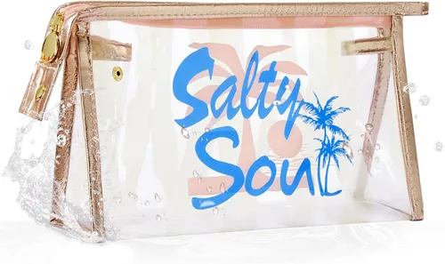 Miniatura 21 de COSHAYSOO Bolsa de Maquillaje Transparente con Protección Solar, Bolsa de Protector Solar con Parches de Letras, Accesorios Esenciales de Playa