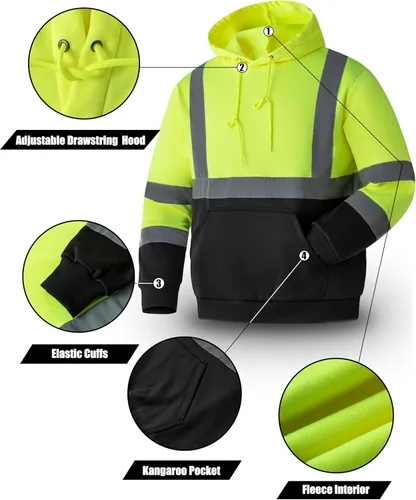 Miniatura 5 de Ubon Hi Vis - Sudaderas con capucha para hombre, alta visibilidad, reflectantes, de seguridad, ropa de trabajo, trabajo, parte inferior negra