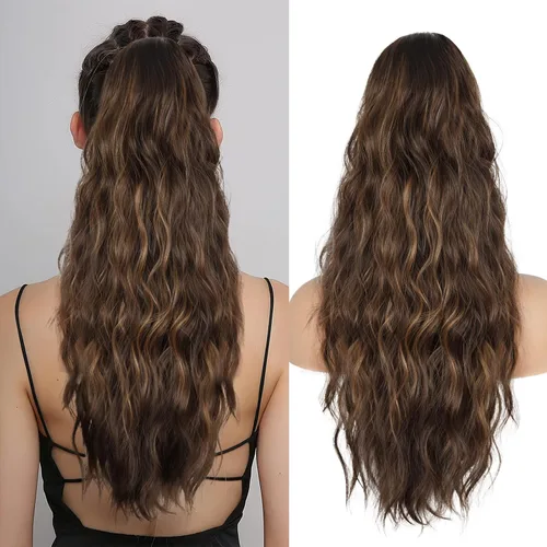 Miniatura 9 de Extension de cola de caballo con cordón de 26 pulgadas para mujer, extensiones de cola de caballo largas y onduladas, extensiones de cabello
