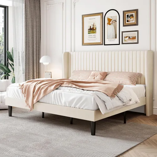 Miniatura 18 de SHA CERLIN Marco de cama de terciopelo tamaño completo con cabecera de respaldo alto con capitoné de canales verticales, cama plataforma tapizada