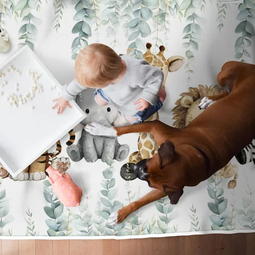 Miniatura 5 de HawSkgFub Alfombra de área de juegos de animales de selva africana para niños y niñas pequeños, elefante, jirafa, león, cebra, antideslizante, Safari