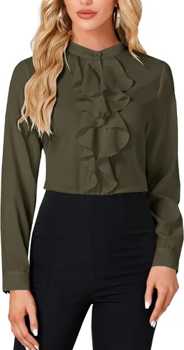 LYANER - Blusa de cuello alto con botones, volantes en el frente, manga larga, camisa de trabajo para mujer