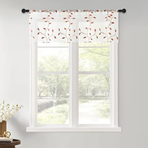 Miniatura 20 de MRTREES Cenefa de cortina transparente de Navidad, 2 paneles de cortinas bordadas con hojas pequeñas de 54 x 16 pulgadas, bolsillo para barra