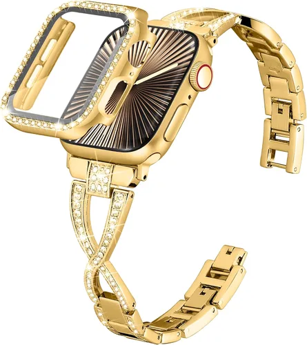 Miniatura 7 de Wipalor Compatible con Apple Watch Band de 1.57 pulgadas + funda, ligera para mujer, pulsera fácil de ajustable, diamante brillante en ambos lados