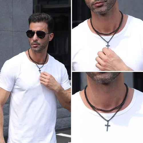 Miniatura 5 de Collar de cruz de acero inoxidable en capas para hombres y niños, dije de cruz de cadena de eslabones cubanos, regalos de joyería religiosa