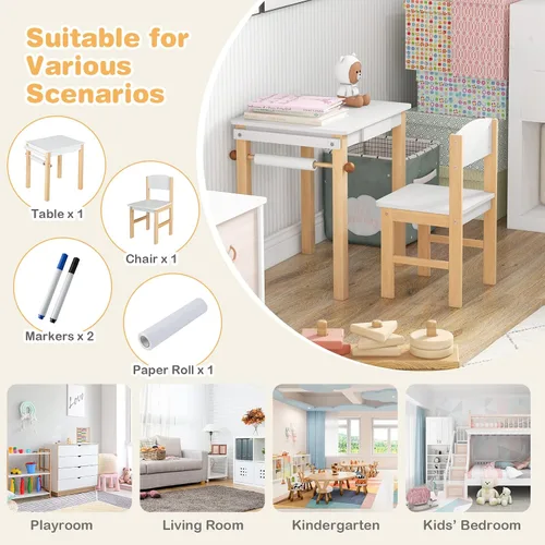 Miniatura 7 de HONEY JOY Juego de mesa y silla para niños, escritorio de madera y silla con cajón, portarollos de papel y 2 bolígrafos, juego de mesa de blanco 1