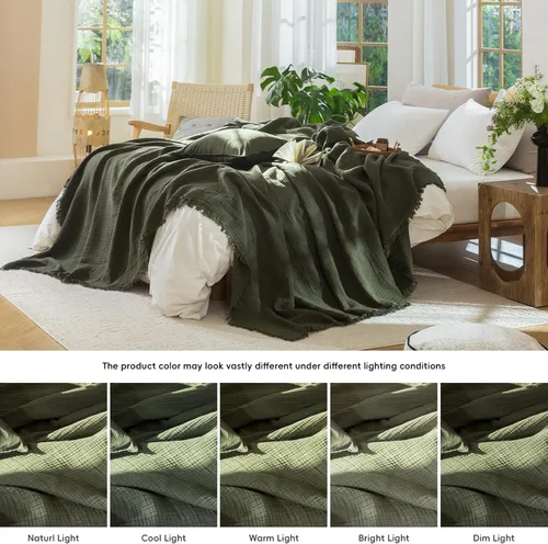 Miniatura 6 de MooMee - Manta de muselina 100% algodón, manta de 4 capas de gasa con borlas, ultra suave, transpirable, ligera y refrescante para cama y sofá Verde