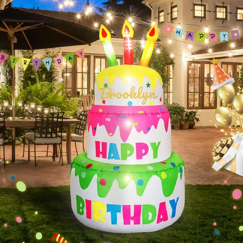Miniatura 2 de Pastel de cumpleaños inflable personalizado de 4 pies de alto con nombre de purpurina, pastel de cumpleaños grande con velas iluminadas, 6 luces LED