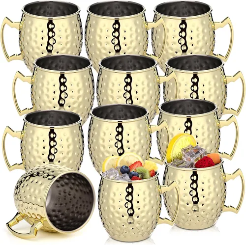 Miniatura 9 de Hoolerry 12 tazas Moscow Mule de acero inoxidable negro a granel Moscú chapado en cobre tazas con asa de 12 onzas con acabado martillado taza