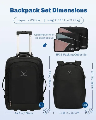 Miniatura 2 de Hynes Eagle Mochila de viaje 2 en 1 de 22 pulgadas, equipaje de mano de 63L, mochila con ruedas para hombres y mujeres con cubos de embalaje, juego