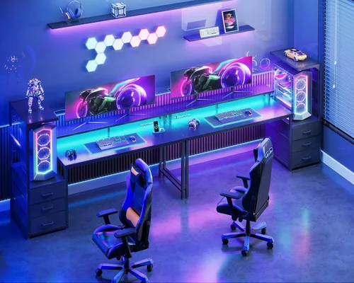Miniatura 7 de Casaottima - Escritorio de 52 pulgadas para juegos con puertos de carga USB y luz LED - Escritorio reversible para computadora con 3 cajones