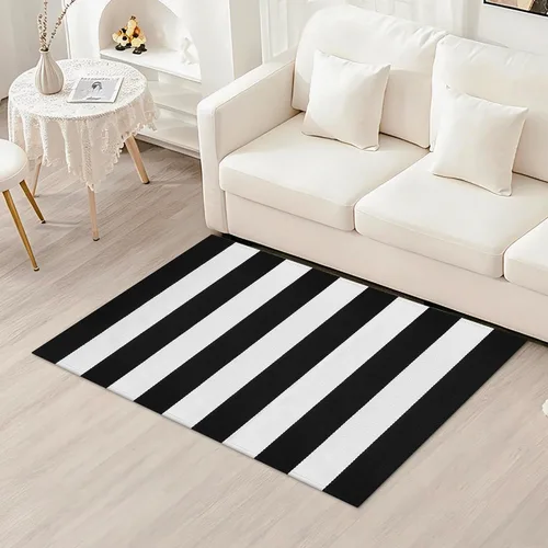 Miniatura 44 de Alfombra de Exterior de Cuadros Buffalo 2x3 pies, Alfombra Tejida de Algodón Negro y Blanco Roto, Tapetes para Puerta de Porche Frontal, Alfombra