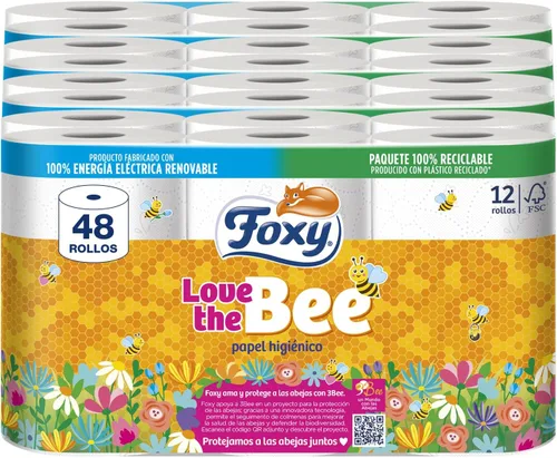 Foxy Love The Bee | 3 capas | Papel higiénico 48 rollos | 167 servicios por rollo | Certificado FSC | Energía eléctrica 100% renovable | Paquete