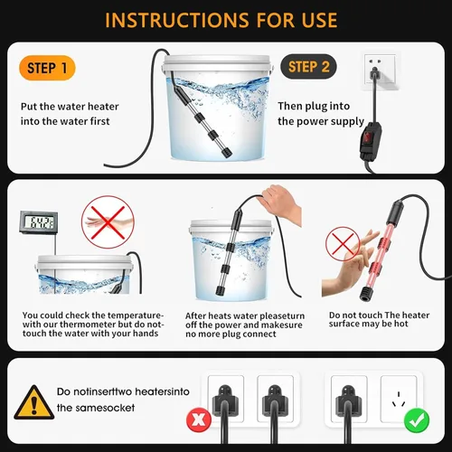 Miniatura 9 de Calentador de agua de inmersión eléctrico portátil de 1500 W, totalmente sumergible, fabricado con acero inoxidable 304 y cubierta de silicona