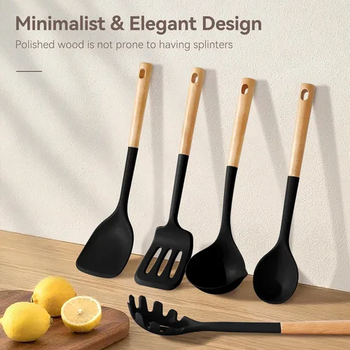 Miniatura 6 de NCUE Juego de utensilios de cocina, juego de 6 utensilios de cocina de silicona antiadherentes, mango de madera, resistente al calor, espátula