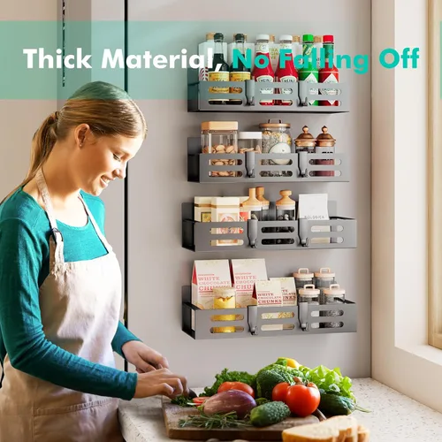 Miniatura 5 de SETBAOO Paquete de 4 estantes magnéticos para especias para refrigerador, estante magnético negro y nevera, organizador de gabinetes de cocina