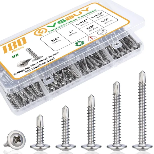 VGBUY 180Pcs Kit de surtido de tornillos autorroscantes #8, tornillos autoperforantes de acero inoxidable 410 para metal, 6 tamaños (1/2 pulgadas,