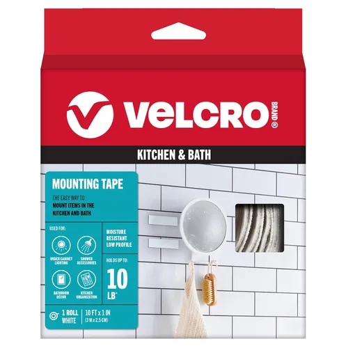 Cinta de montaje para cocina y baño de la marca VELCRO. Diseño delgado resistente a la humedad para montaje empotrado. Rollo resistente de 3 metros