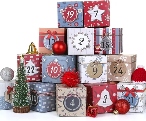 Caja de Calendario de Adviento de Navidad 2025, Caja de Tesoro de Regalo de Cartón Impreso de 24 Días de Cuenta Regresiva para Navidad - Crea y