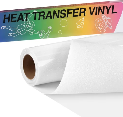 HTVRONT Vinilo de Transferencia de Calor HTV con Purpurina Blanca - 10" x 5 Pies Vinilo HTV con Purpurina Blanca para Camisetas, Vinilo de Planchar