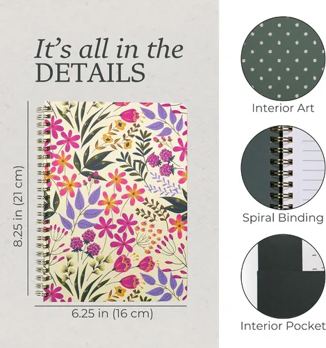 Miniatura 3 de Steel Mill & Co - Cuaderno pequeño en espiral floral rosa/morado, diario de 8.25 x 6.25 pulgadas con tapa dura duradera y 160 páginas forradas
