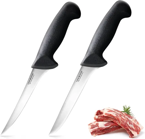 Cook N Home Juego de cuchillos de deshuesado profesional, acero inoxidable de alto carbono, flexibles curvados y rectos, cuchillos de cocina Negro
