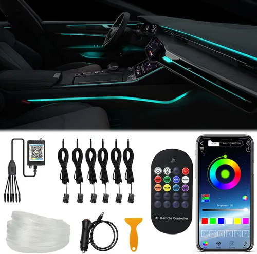 Kit de iluminación ambiental para coche mejorado 6 en 1, fibra óptica prehilada de 315 pulgadas, control por aplicación y control remoto, 16