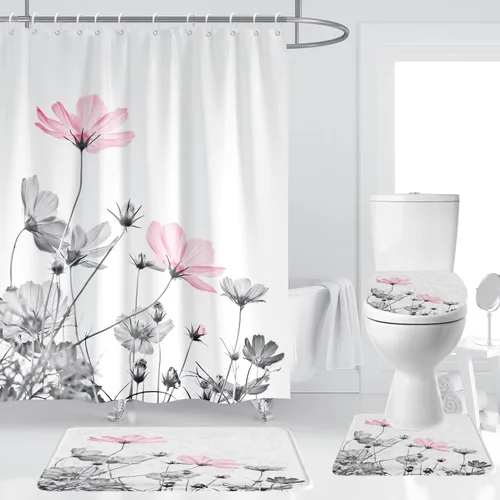 Miniatura 13 de Cortina de ducha de 72" x 72" con flores grises y rosas, gris y blanco, flores silvestres, margaritas, plantas, pintura de tinta, botánica