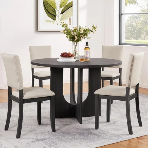 Miniatura 11 de Merax - Juego de mesa de comedor redonda extensible para 4-6, juego de mesa de cocina de granja con 4 sillas tapizadas y hojas extraíbles