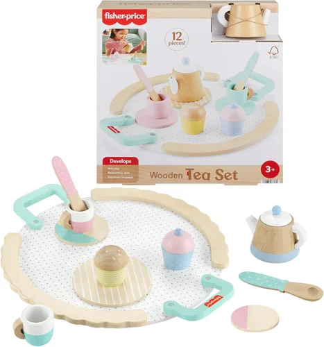 Fisher-Price, juego de té de madera para jugar, set de 12 piezas de madera con tetera, tazas y platillos para niños preescolares de 3+ años