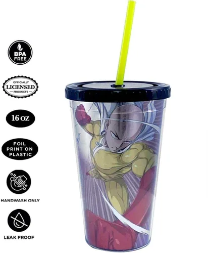 Miniatura 3 de JUST FUNKY One Man Punch Foil Print Saitama Taza de carnaval de 16 oz con popote y tapa
