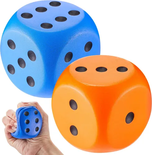 Zomiboo 2 dados grandes de espuma de 2.3 pulgadas para el aula, gigantes de 6 caras, decoración de fiesta de casino, juguete para aliviar la naranja