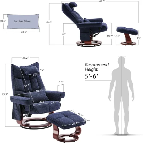Miniatura 3 de MCombo Sillón reclinable giratorio con otomana, juegos de sillas de TV con masaje por vibración, ideal para espacios pequeños, sala de estar y Azul