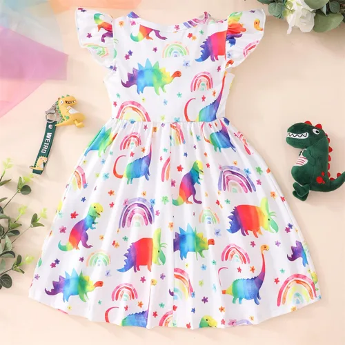 Miniatura 3 de Vestido de verano para niñas pequeñas Lindo patrón de girasol de dinosaurio, vestido casual de verano con volantes y mangas de mariposa