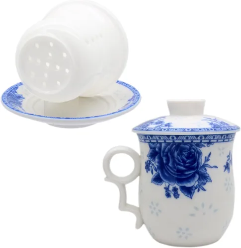 Miniatura 6 de Taza de té de porcelana con tapa de infusor y juegos de platillos – Taza de café de cerámica china Jingdezhen Taza de té de hoja suelta Sistema