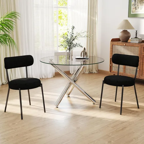 Miniatura 9 de Juego de mesa de comedor redonda de cristal negro para 2, juego de mesa de cocina pequeña y moderna de 36 pulgadas con 2 sillas de comedor tapizadas