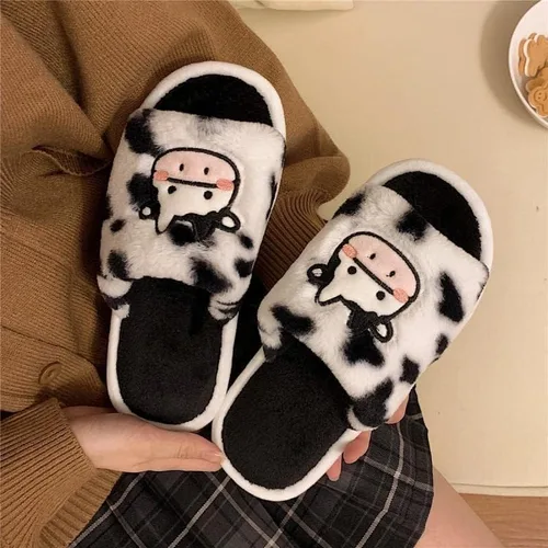Miniatura 6 de Pantuflas Kawaii de vaca peluda para mujer, cómodas, con puntera abierta, lindas sandalias de invierno de animales