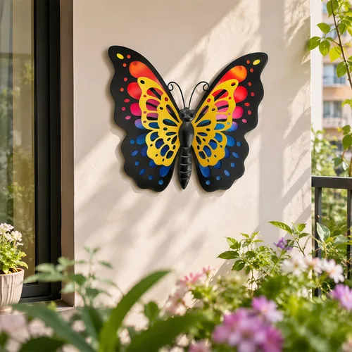 Miniatura 8 de HONGLAND Decoración de pared de mariposa de metal, escultura de arte para interiores y exteriores, decoración de cristal colgante azul