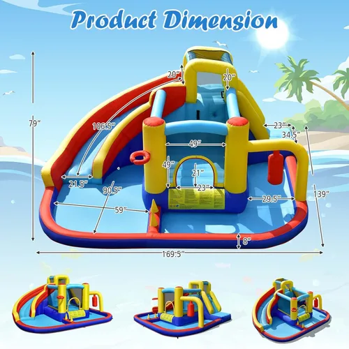 Miniatura 3 de BOUNTECH Tobogán acuático inflable, castillo de salto de parque acuático 6 en 1 para niños con 2 piscinas de salpicaduras, boxeo, toboganes